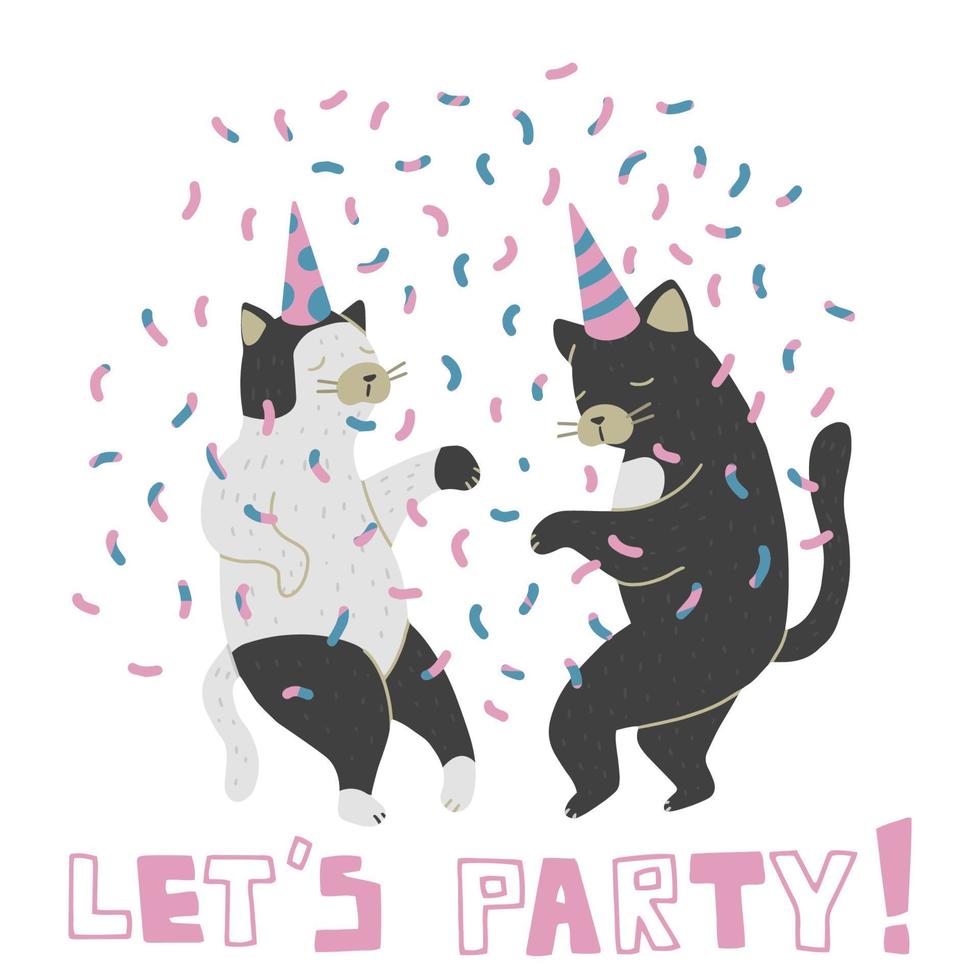Dancing Cats isolated on white background. Couple at the Birthday party. vector