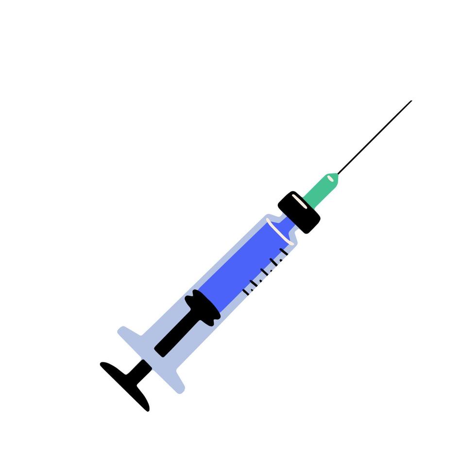 Medical syringe with needle isolated on white background. Flat cartoon vector illustration, concept of vaccination, injection.