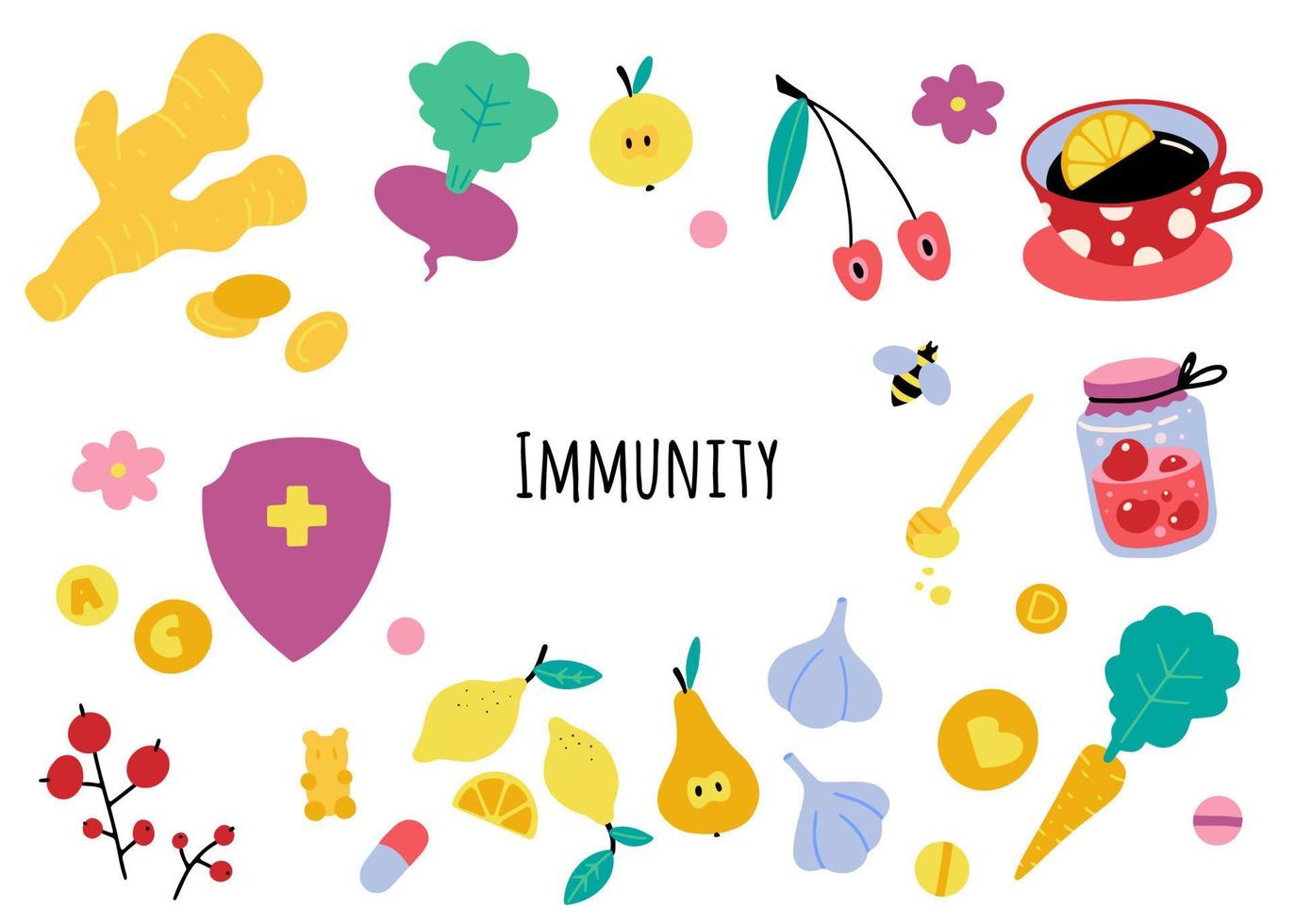 Bundle of vector illustration, immunity theme set. Natural vitamins. Healthy foods isolated on white background.
