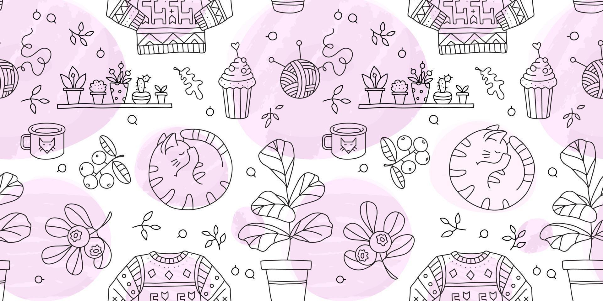 Vector seamless pattern with Hygge concept and cozy home things