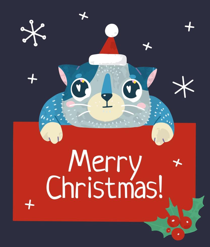 Christmas and New Year holiday vector stock illustration with cute cat and snow.