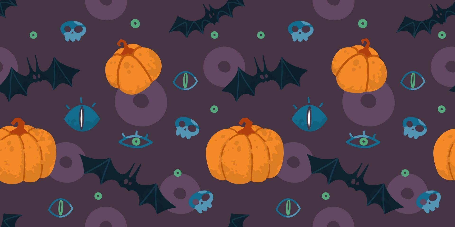 Helloween vector seamless pattern with halloween stuff, bats, pumpkins, skull, eyes.