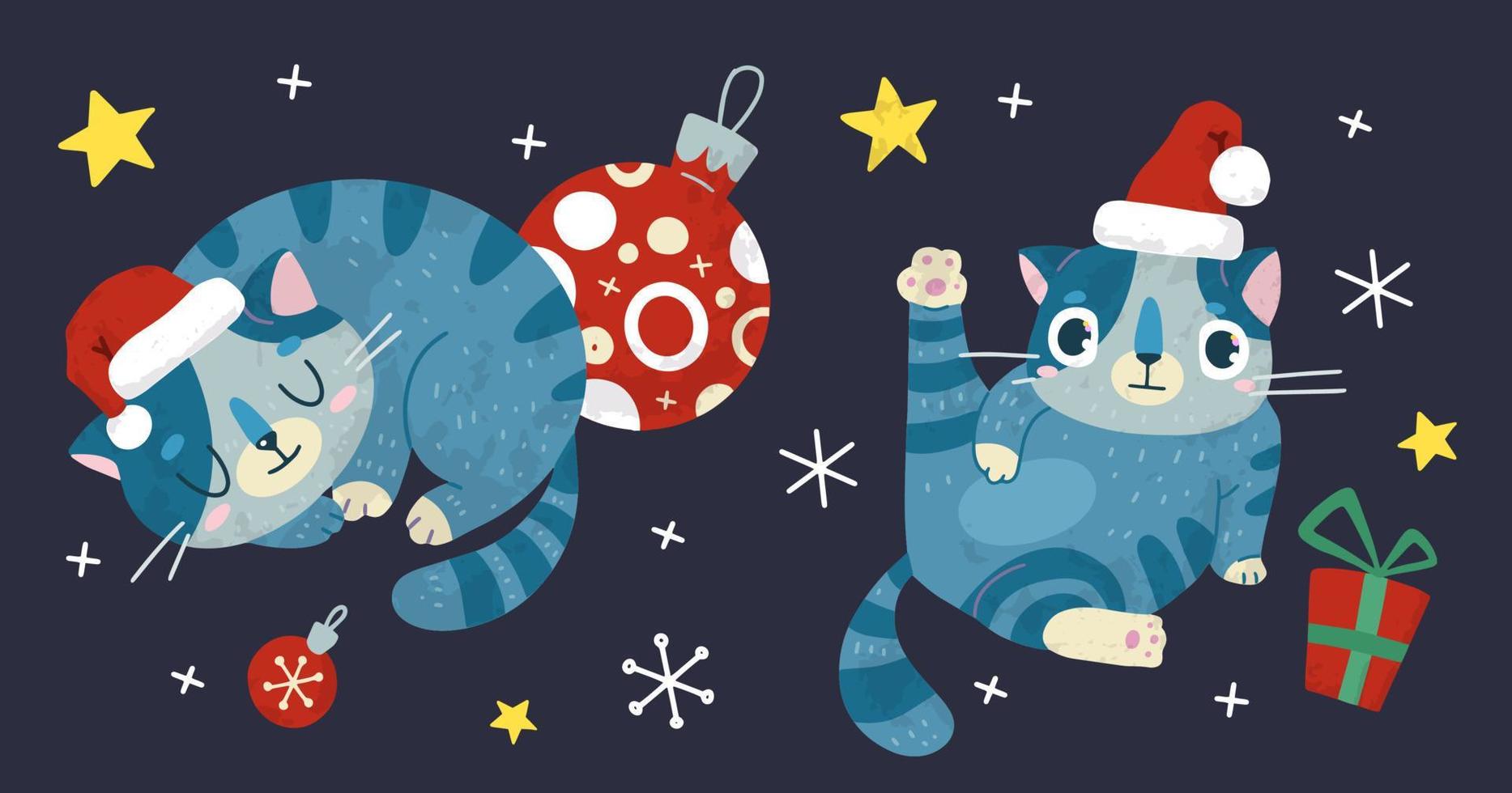 Christmas and New Year holiday vector stock illustration with cute cat and snow.