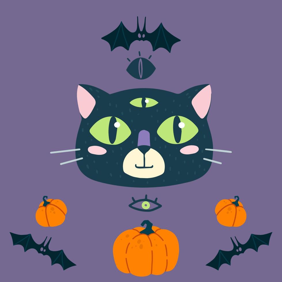 Cute funny cat face. Helloween theme,  bats and pumpkin.Cartoon animal muzzle vector