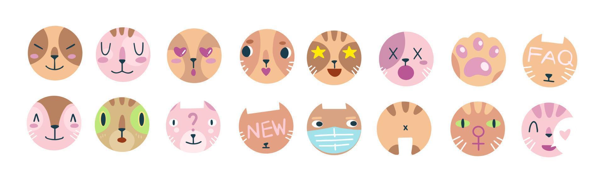Big set of various vector highlight covers, favorites, new, FAQ, help, reviews. Cute funny cat face.