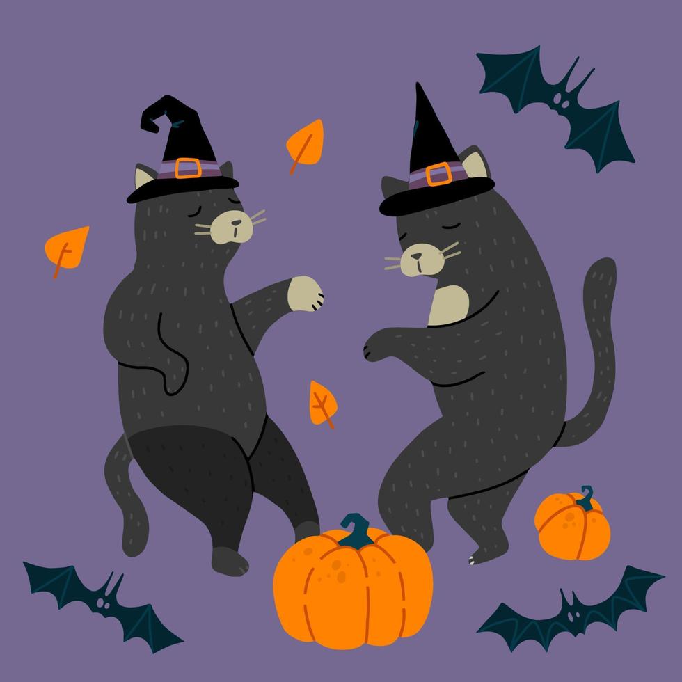 Dancing Cats isolated on background. Helloween cute  kittens in a witch hat, bats and pumpkin. vector