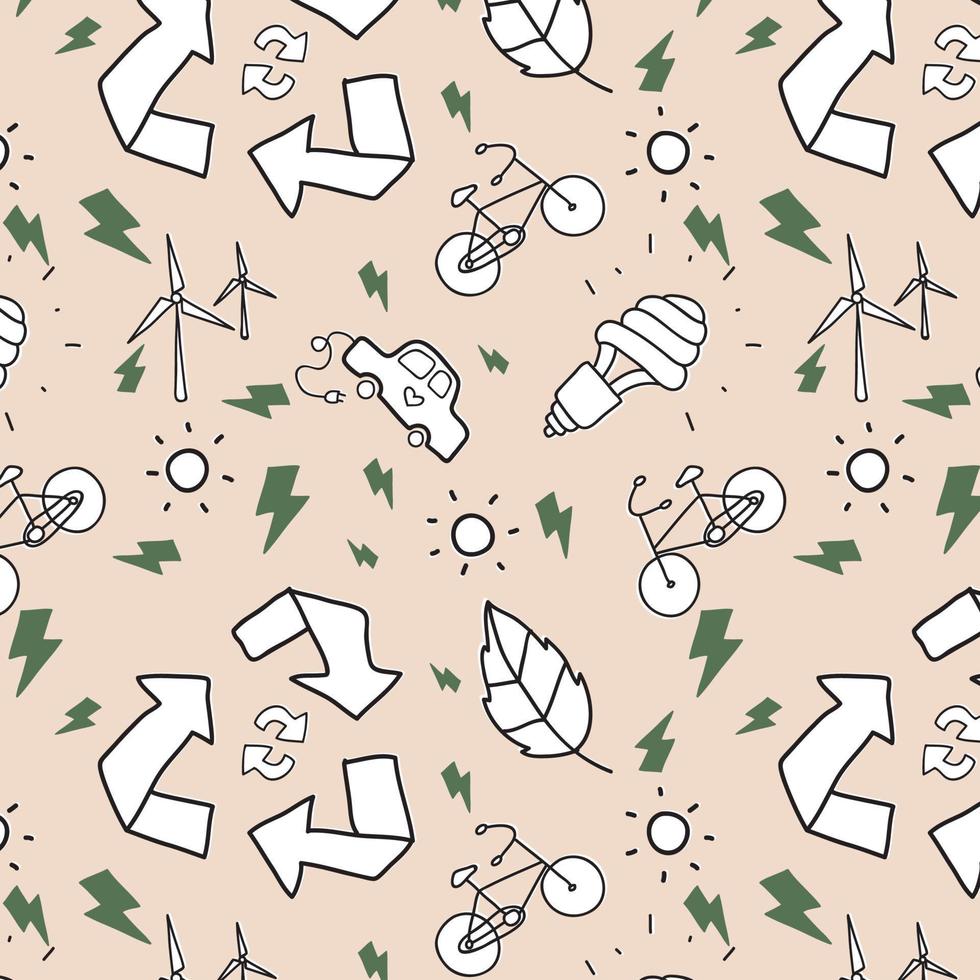 Hand drawn vector seamless pattern of ecology concepts, designs, and icons in doodle style.