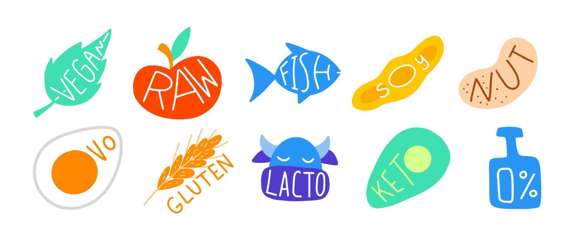 Vegan, ovo, soy, nuts, lacto, keto, raw, gluten signs. Healthly food concept icon. vector