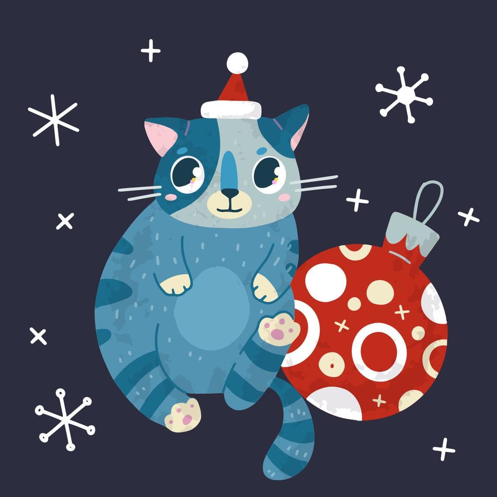 Christmas and New Year holiday vector stock illustration with cute cat and snow.