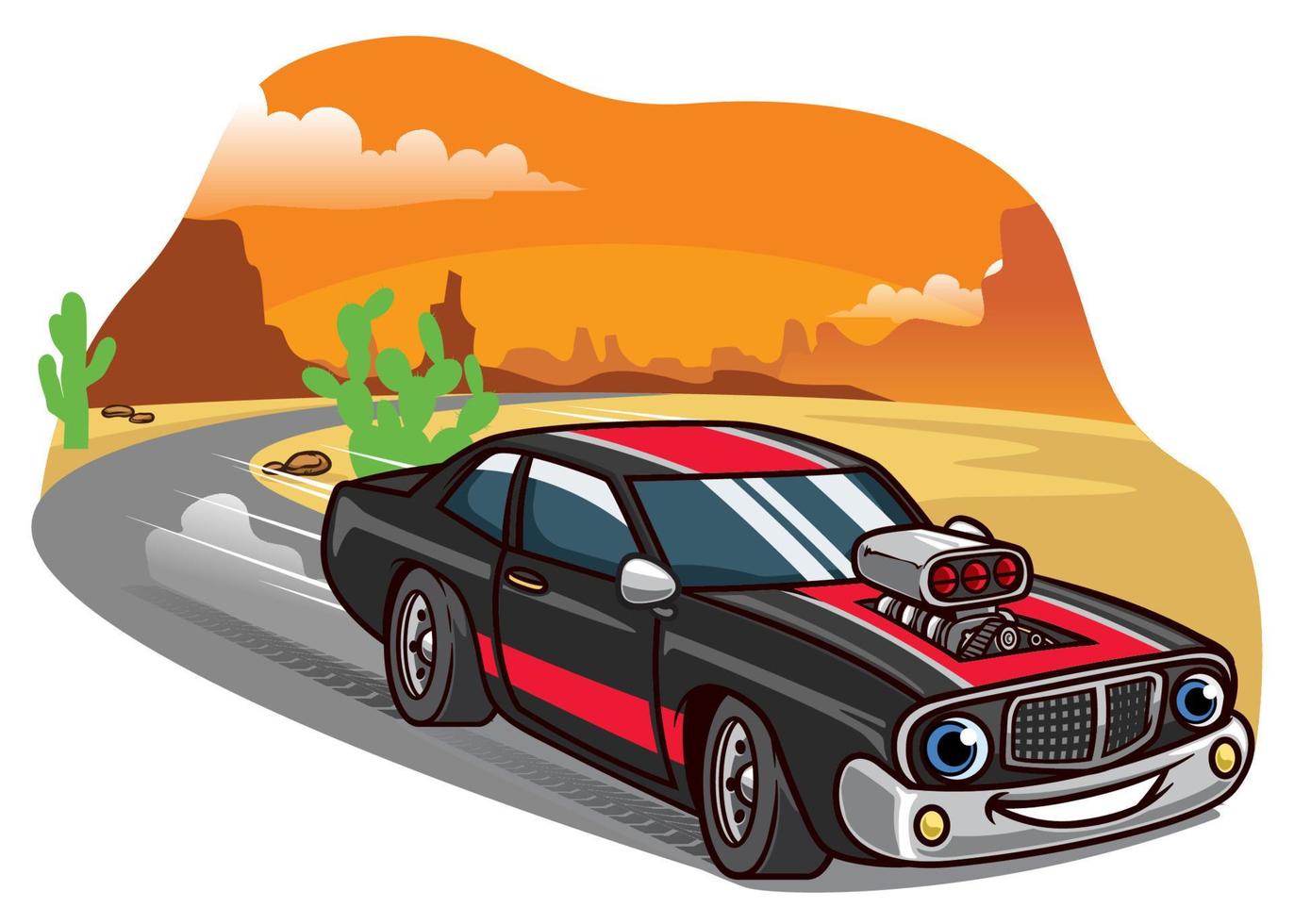 cartoon muscle car ride fast in the road vector