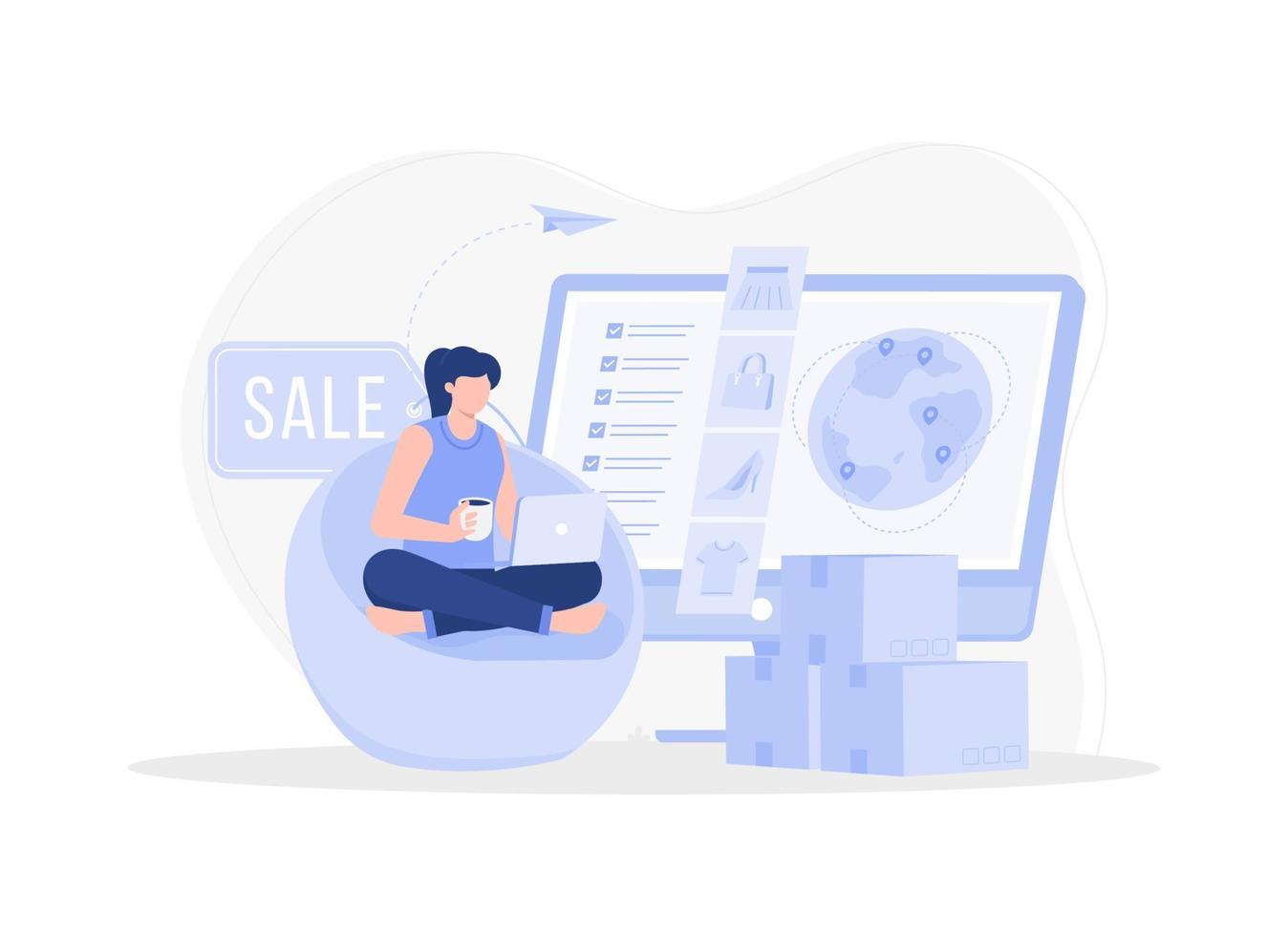 A woman buys things in an online store, online shopping. Modern vector flat illustration