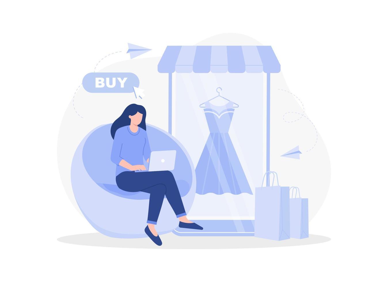 A woman buys things in an online store, online shopping. Modern vector flat illustration