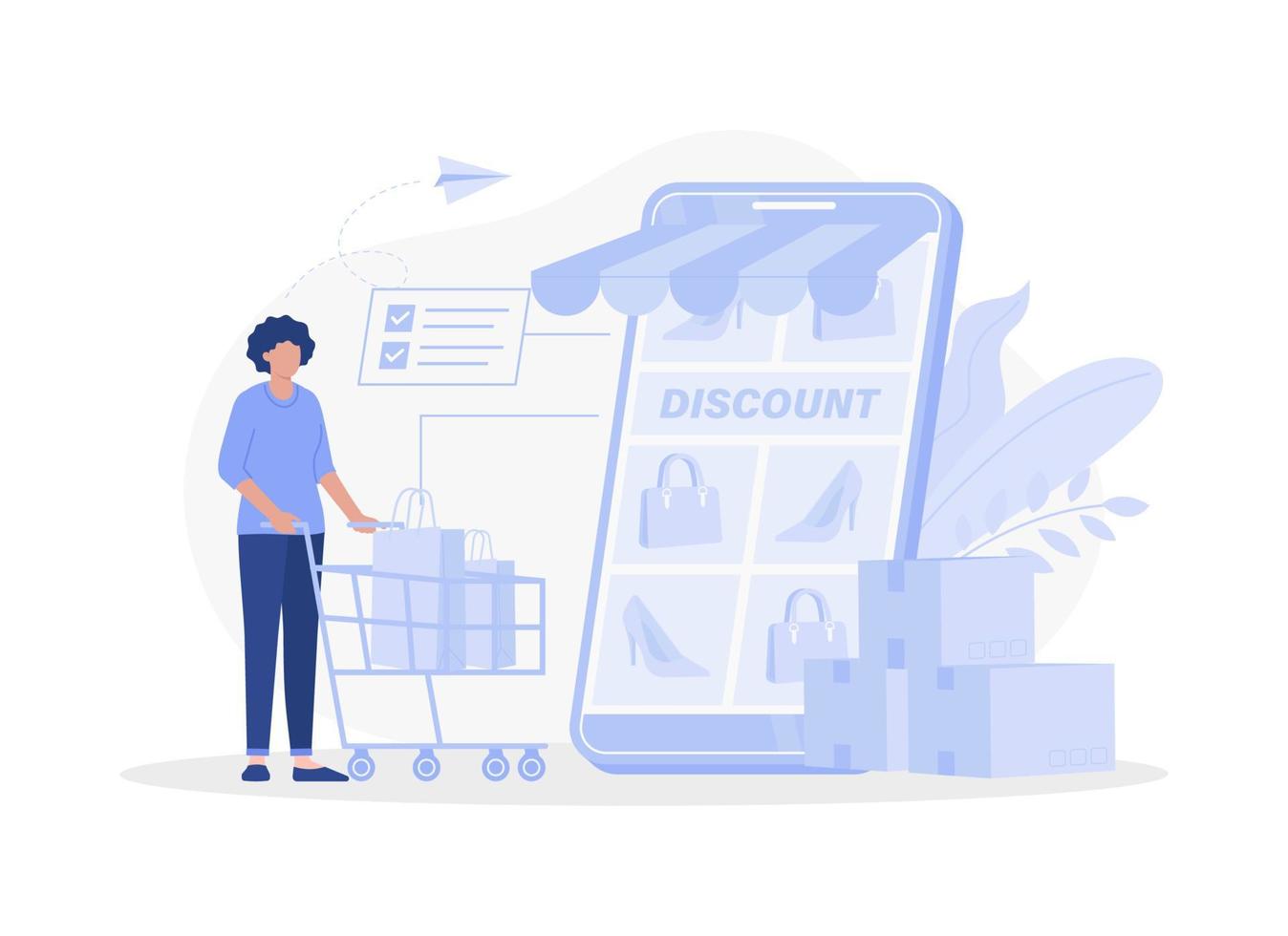 A woman buys things in an online store, online shopping. Modern vector flat illustration