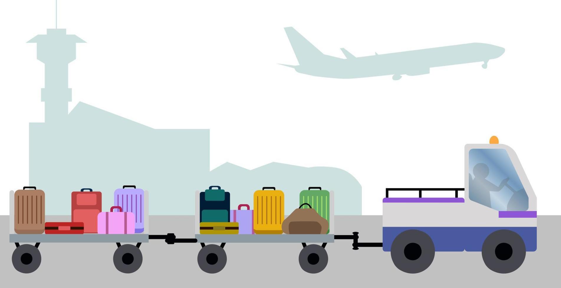 luggage Passanger's trunks on vehicle for loarding in aircraft, luggage cart on the runway of the airport vector illustration