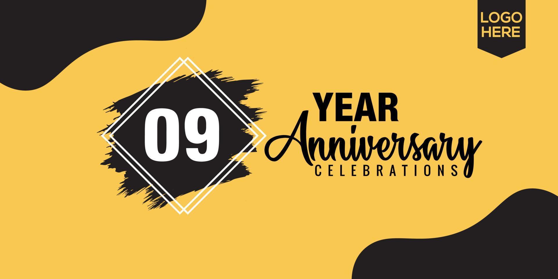 09th years anniversary celebration logo design with black brush and yellow color with black abstract vector illustration