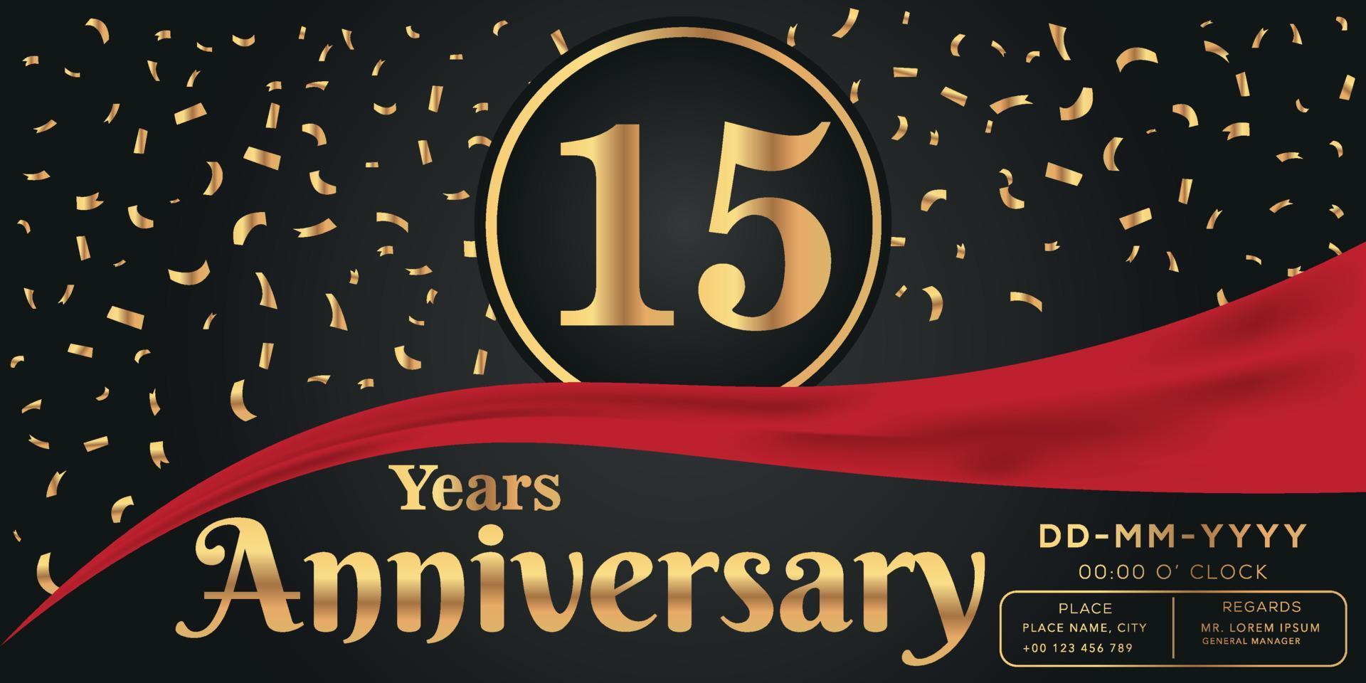 15th years anniversary celebration logo on dark background with golden numbers and golden abstract confetti vector design