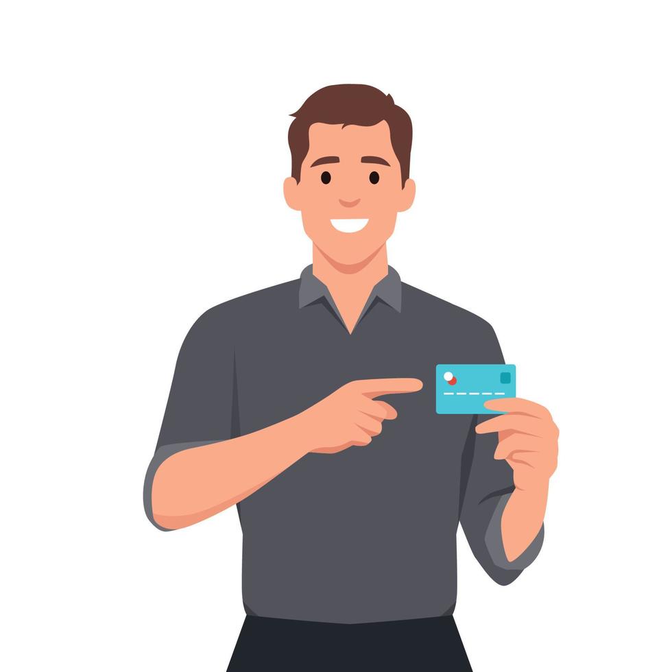 Man showing or holding credit or debit card inserted POS terminal payment card swipe machine and pointing hand. Payment, purchase, sale, shopping vector
