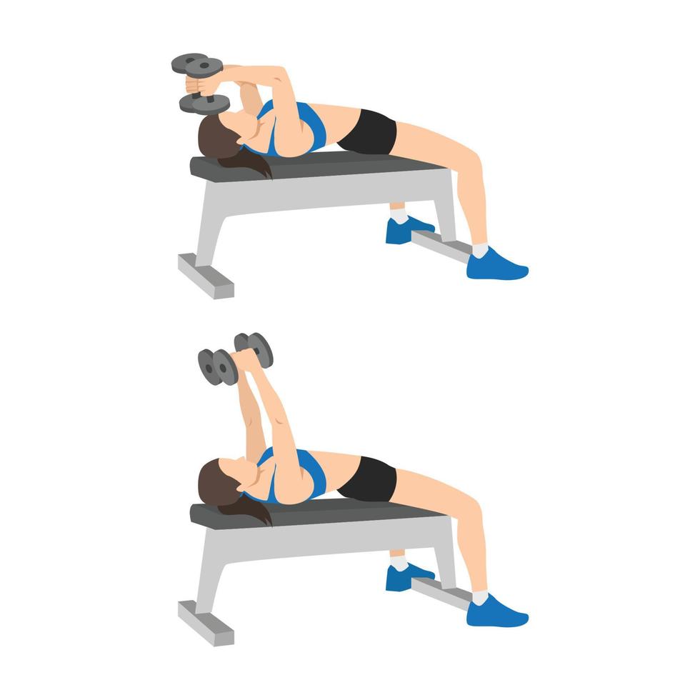 mujer haciendo acostado pesa tricep extensiones ejercicio. plano vector ilustración aislado en blanco antecedentes