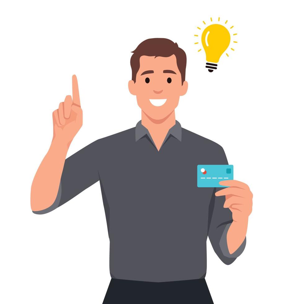 Young man thinking and got an idea for using a credit card. Pointing his finger up with light bulb of idea appears vector