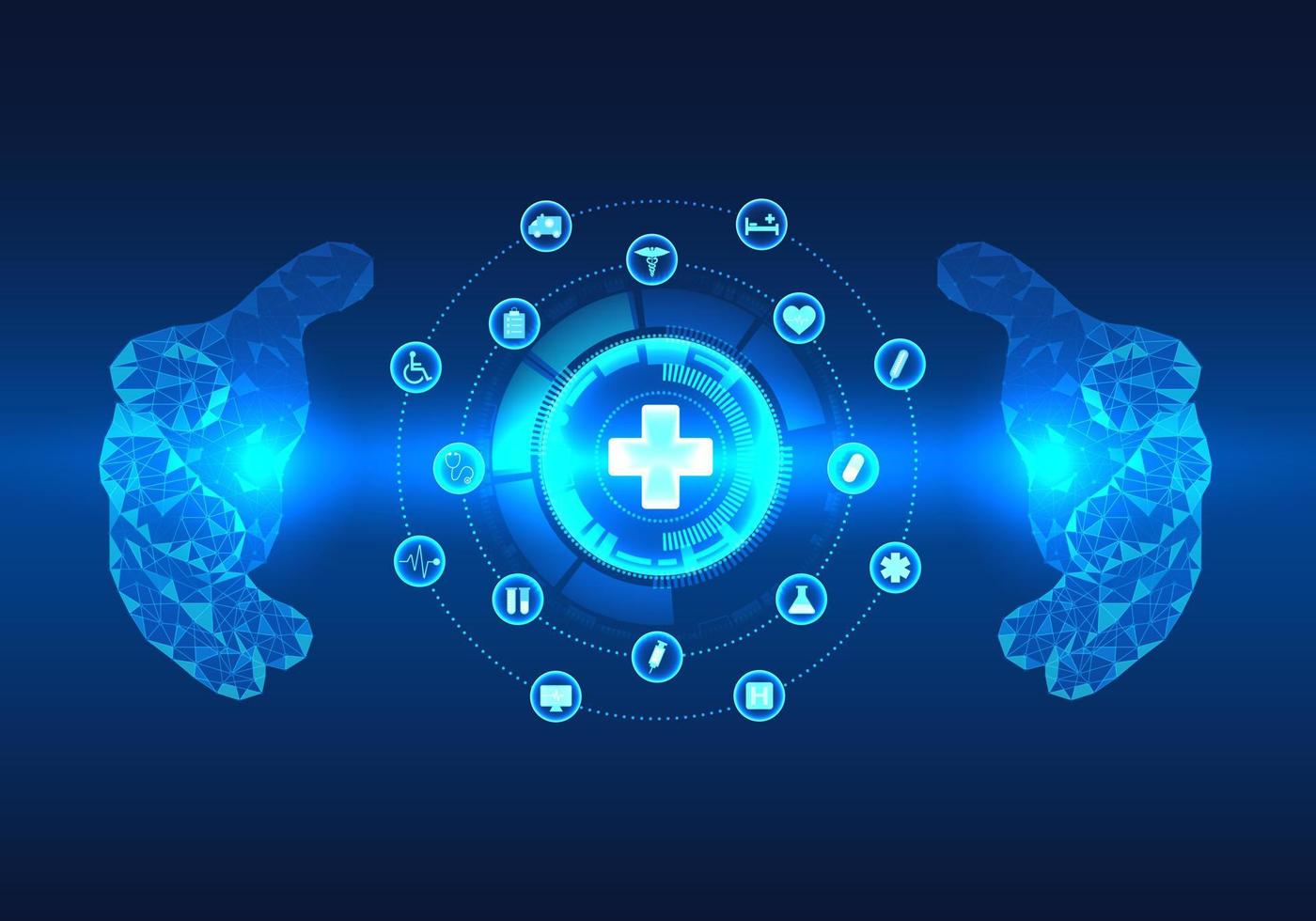 Technology circle in the middle and with the doctor's two hands wrapped around Medical technology that uses smart technology to help patients access information and receive medical treatment quickly. vector