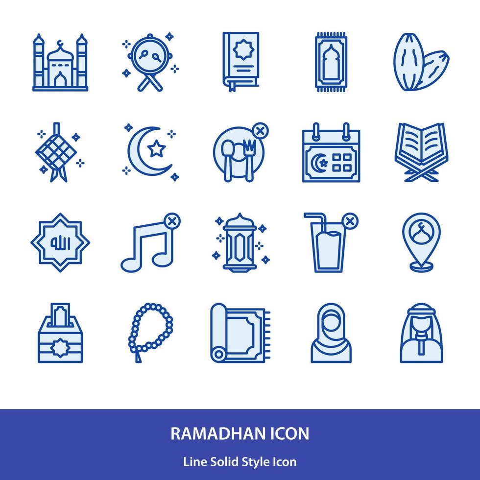 Ramadhan and muslim icon set in lineal solid style vector design