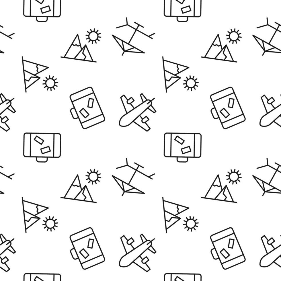 Seamless monochrome repeating pattern of deckchair, tent, luggage, airplane vector