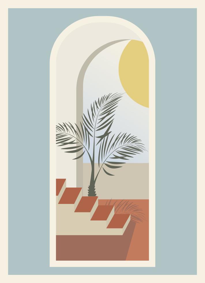 Minimalist interior architecture view through window. Balcony mediterranean poster. Bohemian style wall decor. Retro and classic construction. Cartoon vector. vector