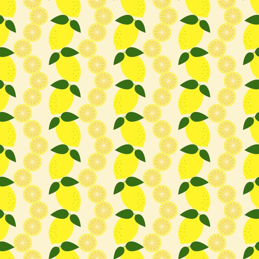Vector seamless pattern with whole lemons and slices in a row on a yellow background