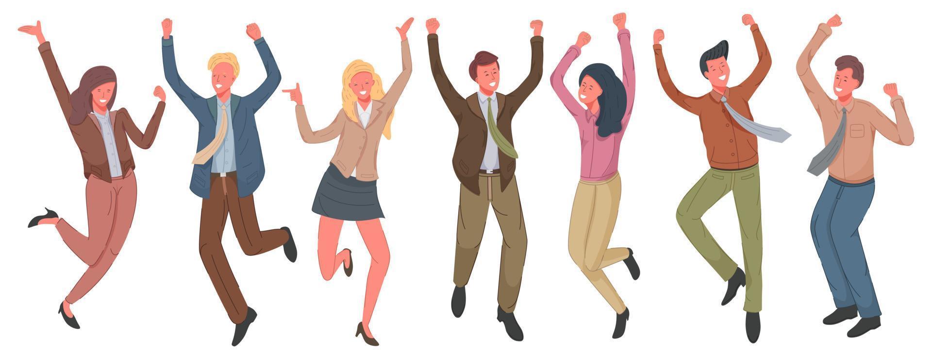 Happy business people jumping vector illustration. Cheerful employees celebrating victory.