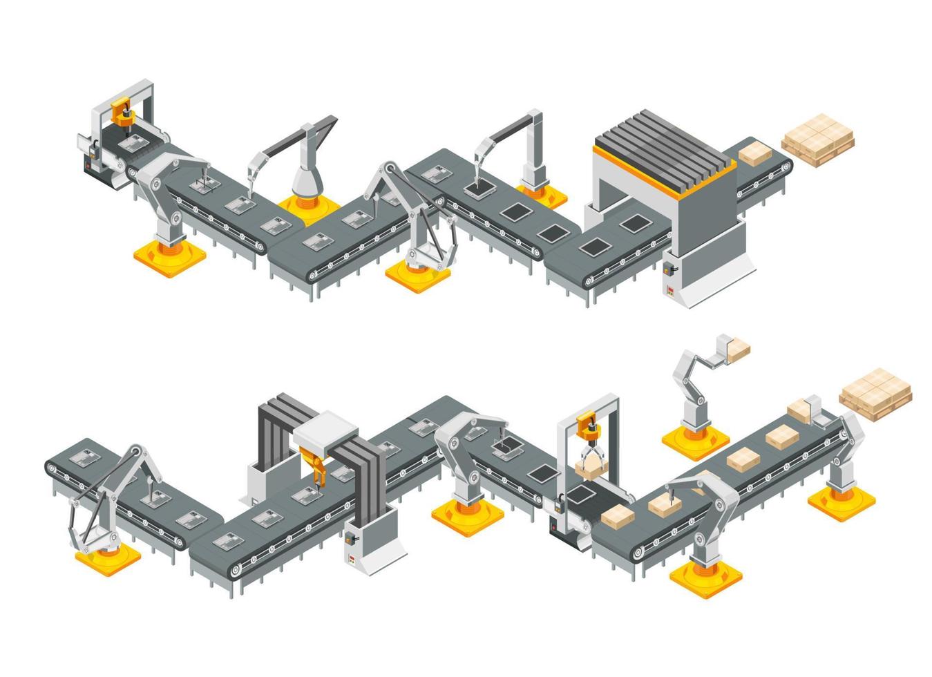 Conveyor lines of the automatic factory with robotic arms. Assembly process. Vector illustration