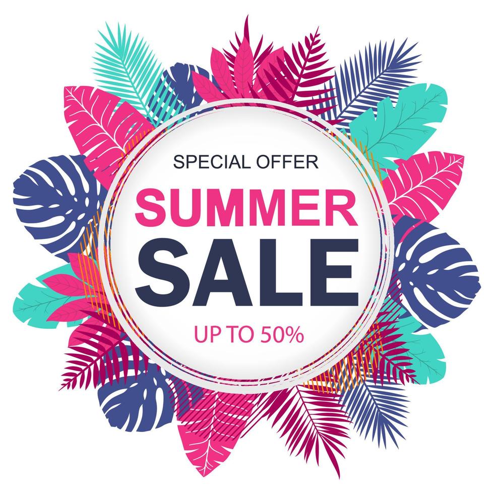 Summer sale banner design for promotion with tropical leaves. Vector illustration