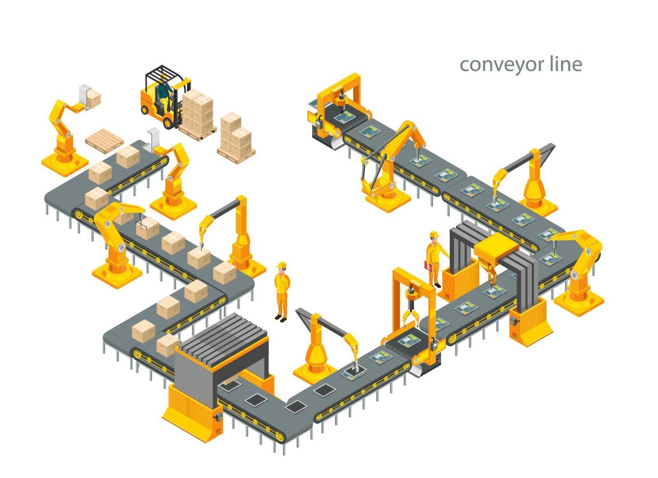 Automatic factory with conveyor line and robotic arms. Assembly process. Vector illustration