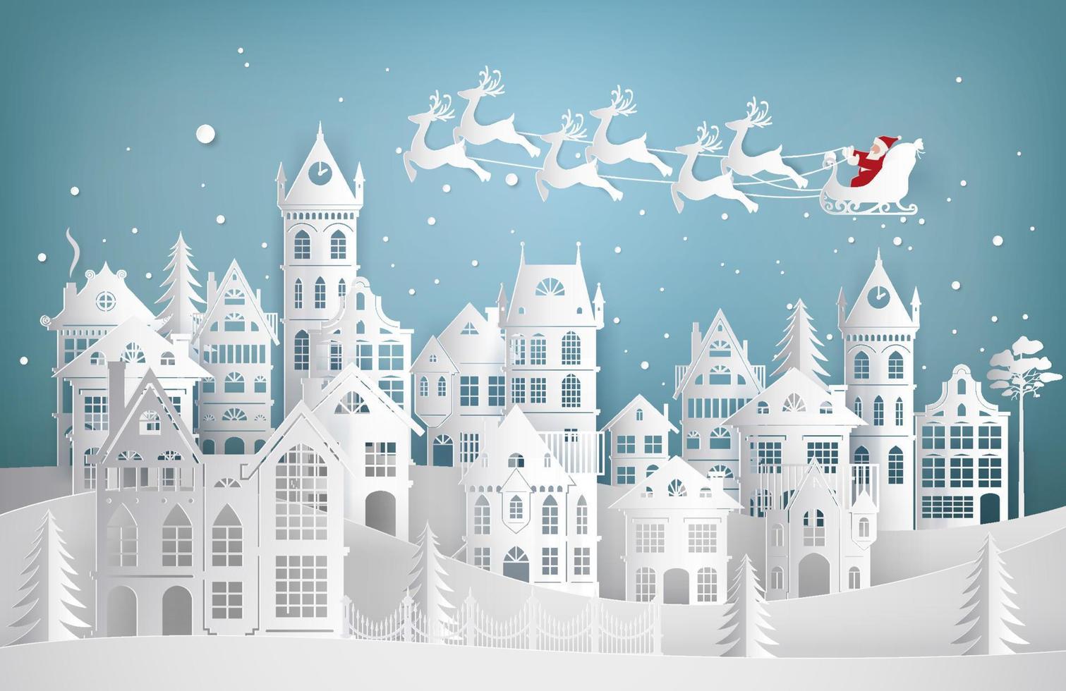 Merry Christmas and Happy New Year. Santa Claus coming to city on a sleigh with deers. Paper art vector illustration