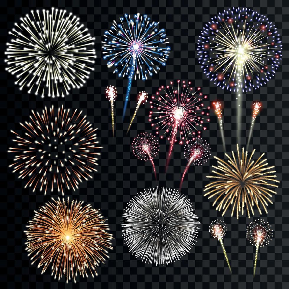 Big set of isolated fireworks vector illustration