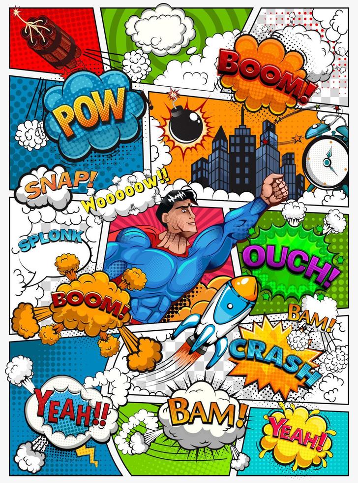 Comic book page divided by lines with speech bubbles, rocket, superhero and sounds effect. Retro background mock-up. Vector illustration