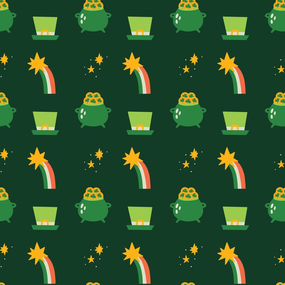 Saint Patrick's Day vector seamless pattern with green pot leprechaun coin hat rainbow star