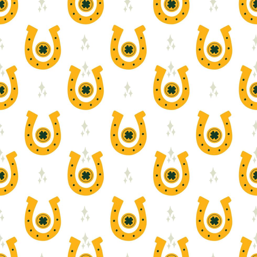Saint Patrick's Day vector seamless pattern with golden horseshoe clover