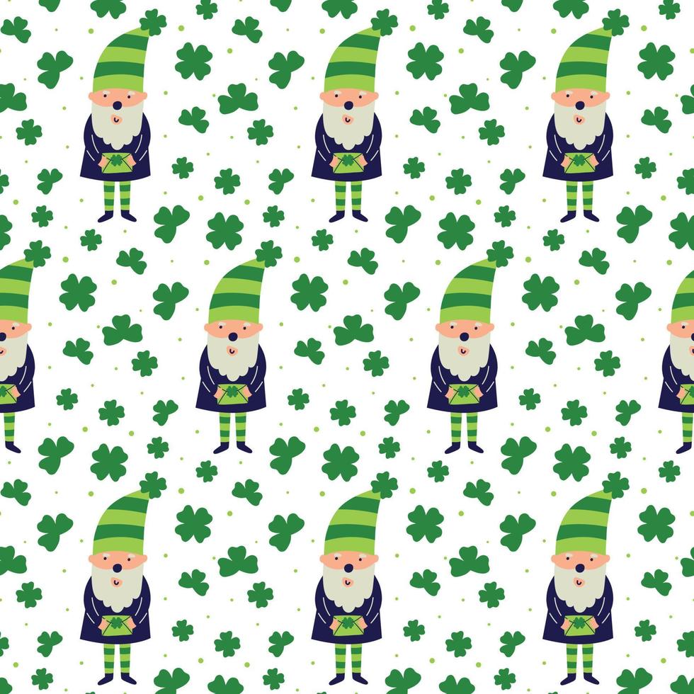 Saint Patrick's Day vector seamless pattern with  green clover gnome lerechaun