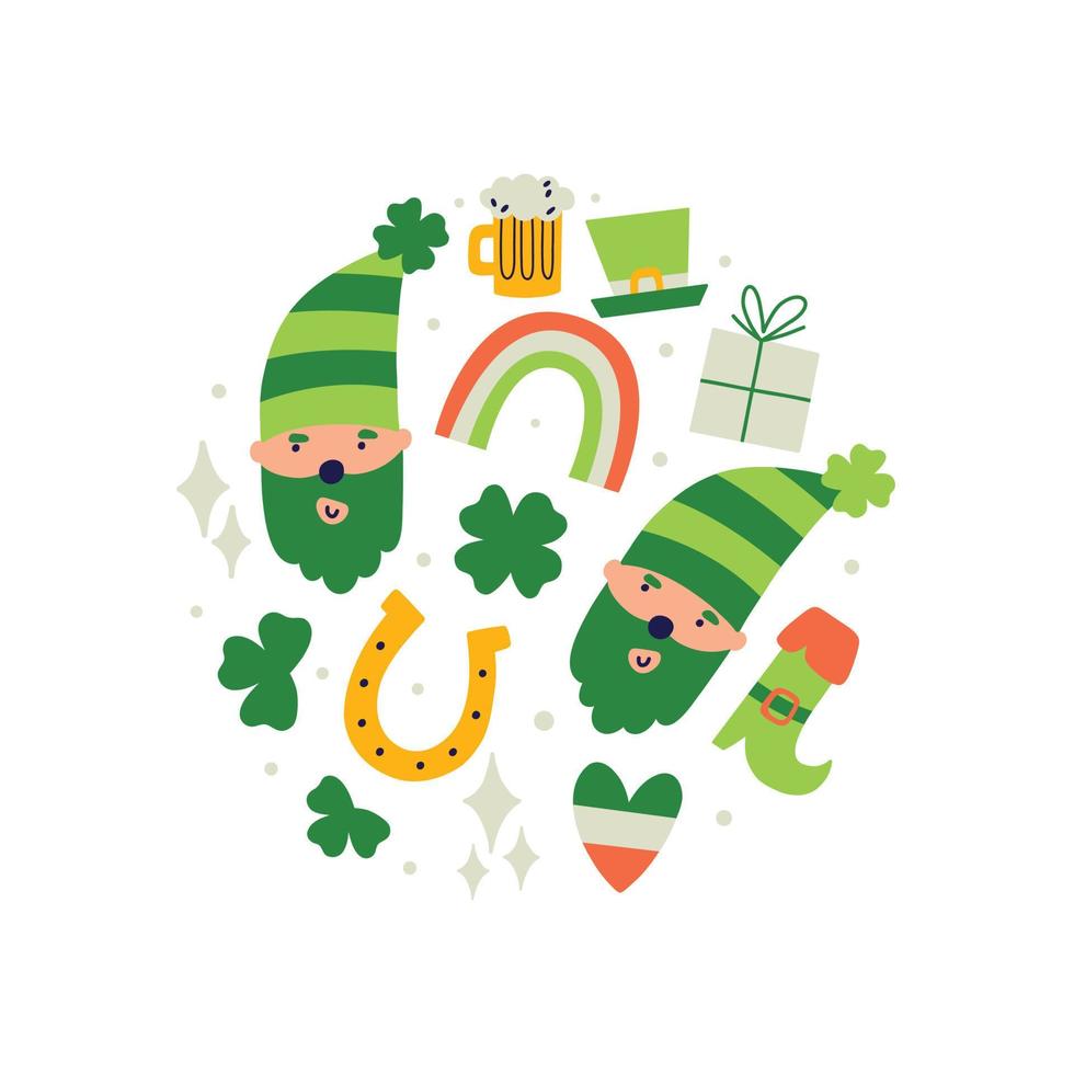 Saint Patrick's Day vector illustration with circle elements rainbow leprechaun clover