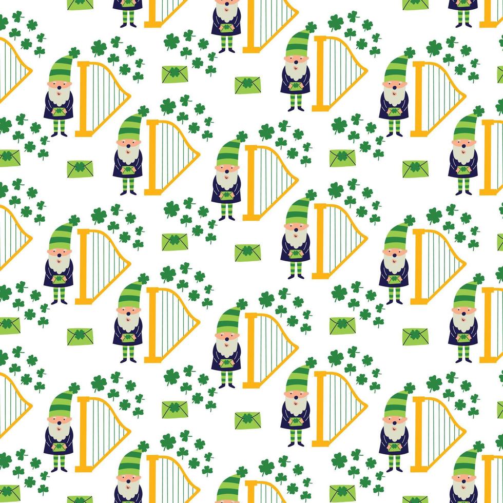 Saint Patrick's Day vector seamless pattern with  cute leprechaun harp