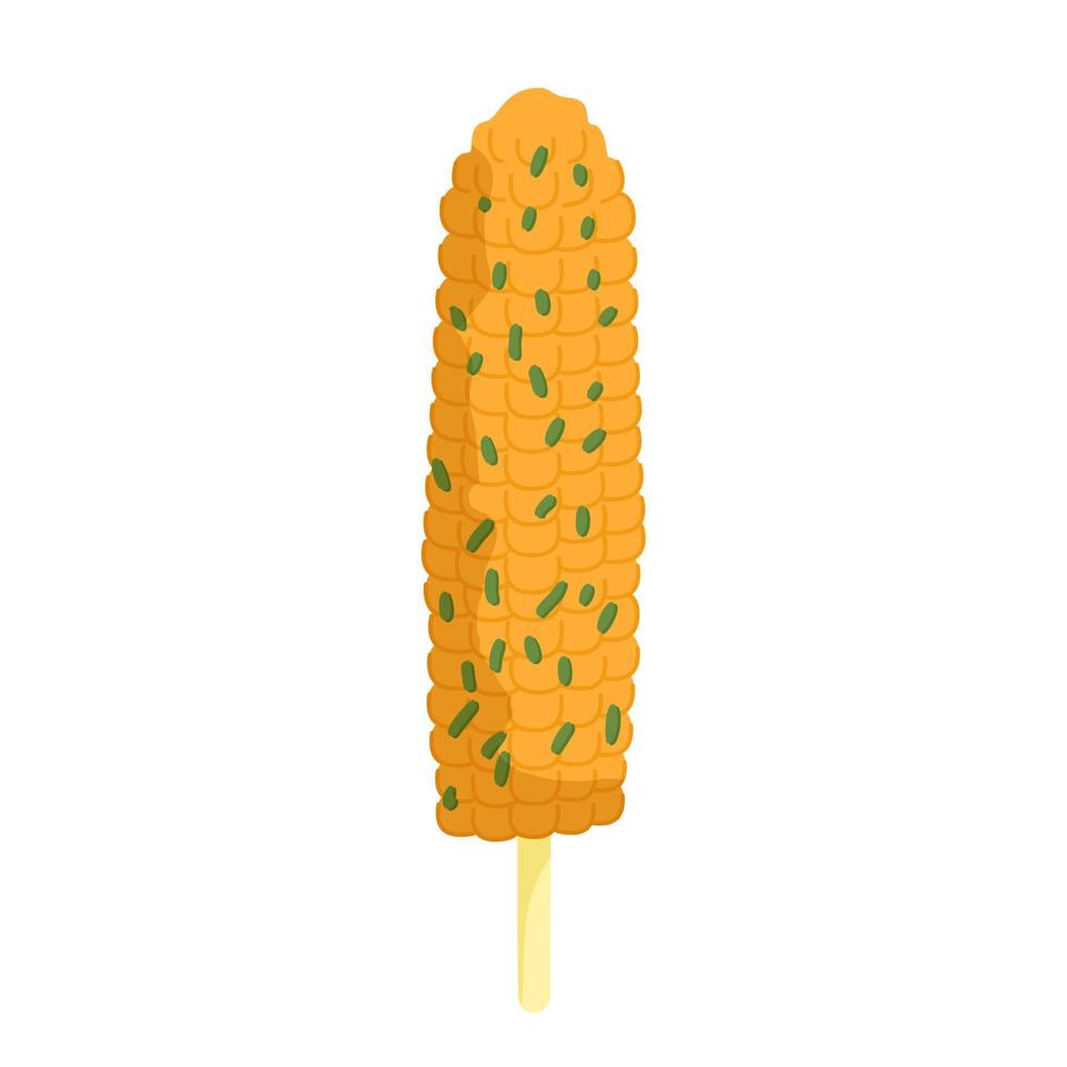 Grilled corn with greens topping on stick. Mexican or korean spicy street food. Sketchy hand drawn cute doodle fast food. Vector illustration.