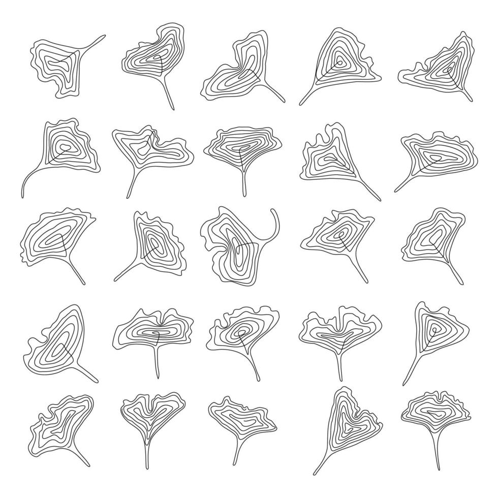 Ginkgo biloba leaves set. Abstract hand drawn continuous line art jinkgo leaf. Botany collection for decor. Vector illustration.