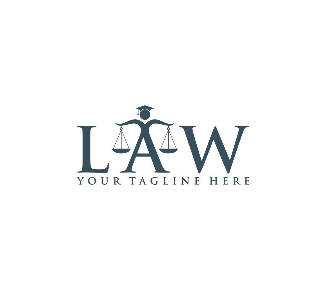 Law text or wordmark logo with scale icon and judge on white background vector illustration.