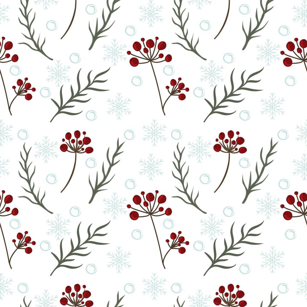 Seamless pattern of winter berries twigs and snowflakes. vector