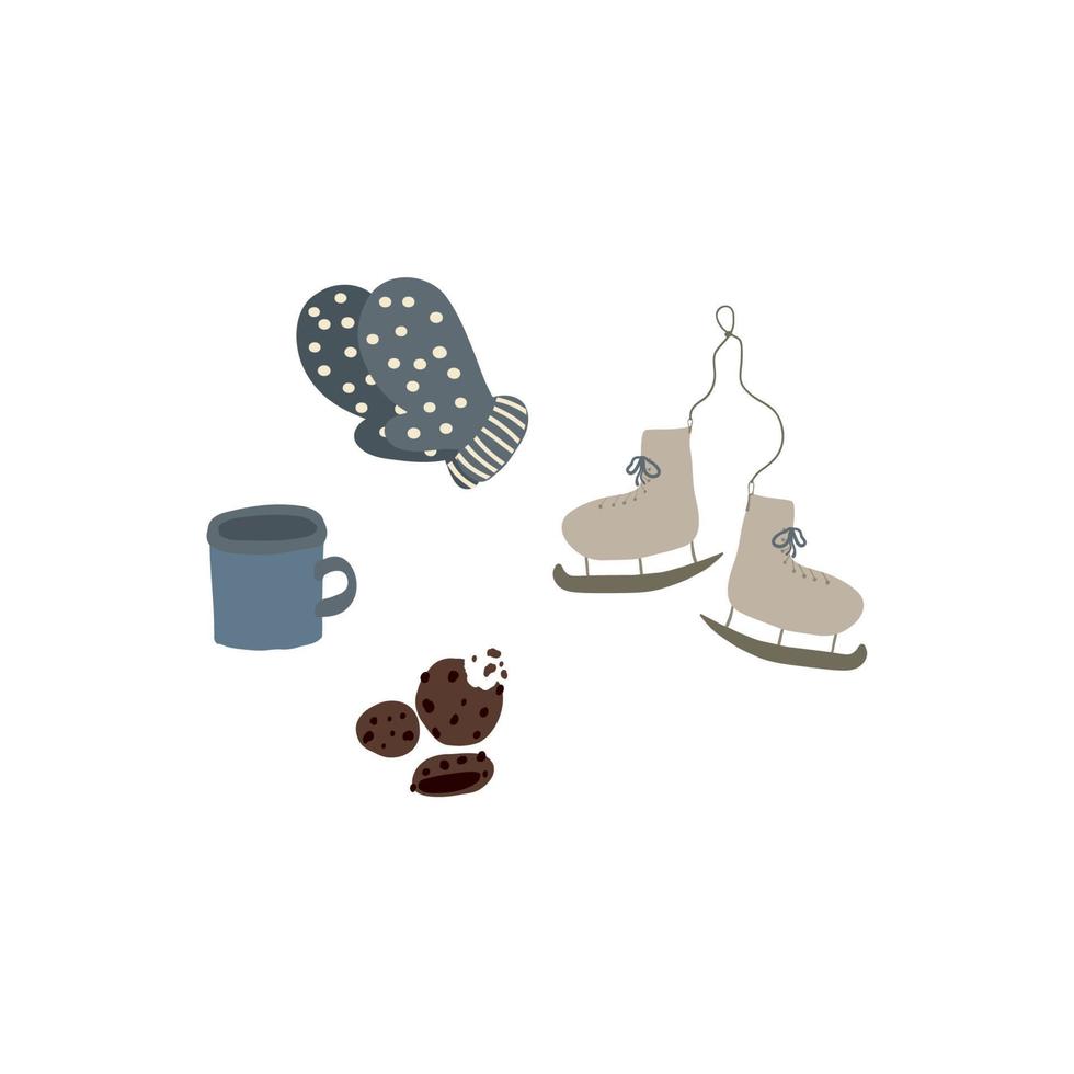 Cosy set of skates cup and cookie vector