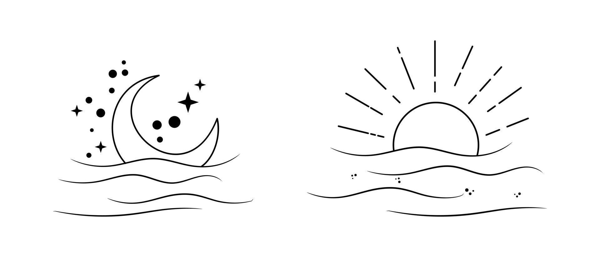 sunset and moonset with line art vector