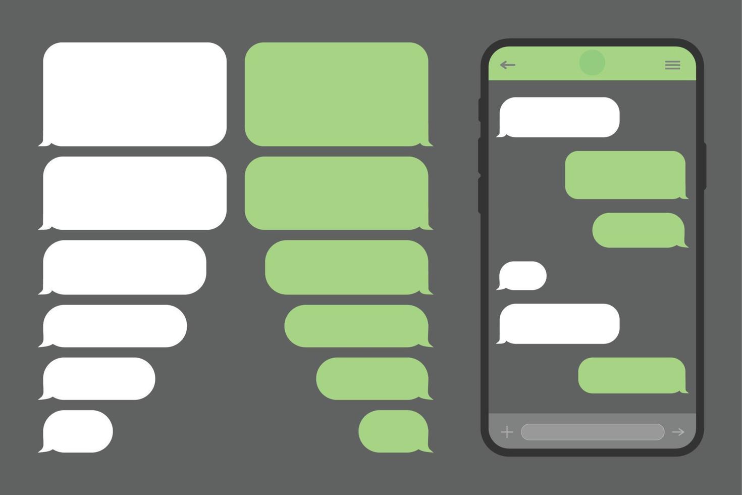 Green and White Message bubbles Set. balloon on Smartphone screen. Sms vector design template for messenger chat