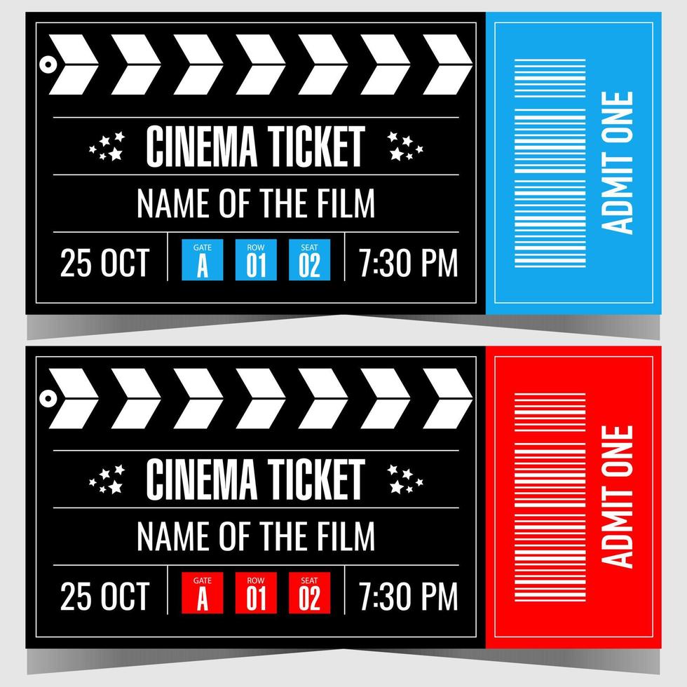 Cinema ticket vector design template in the form of cinematography clapperboard or dumb slate. Film ticket with movie title, date, time and bar code suitable for web, social posts or ready to print.