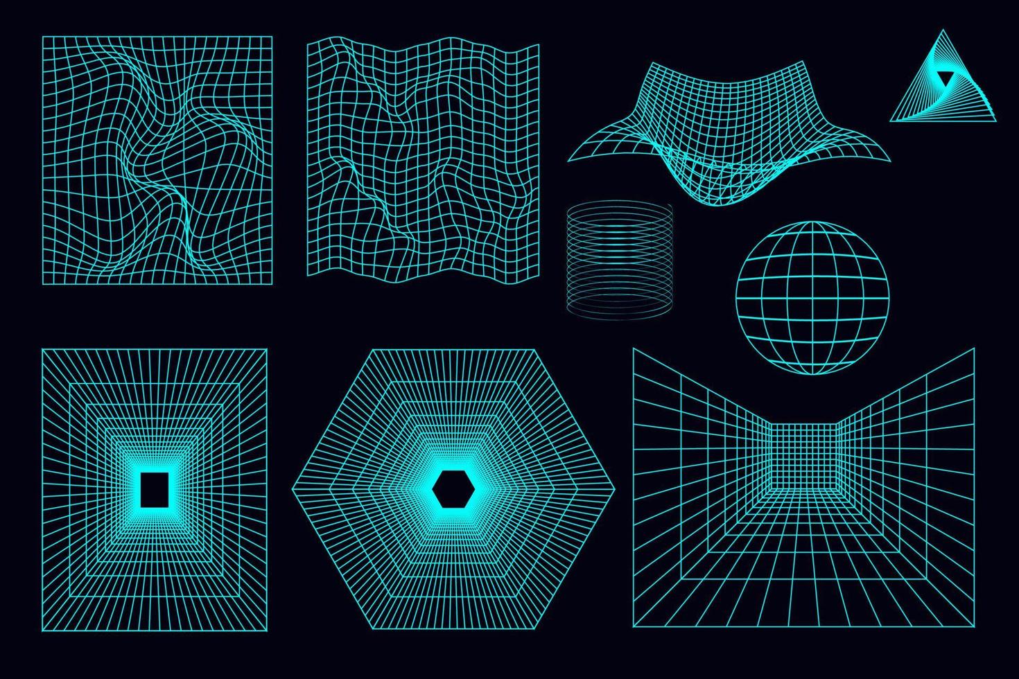 geométrico formas y rejillas en neón color. resumen antecedentes, patrones, cyberpunk elementos en de moda psicodélico estilo. retro futurista 00s y2k estético. vector