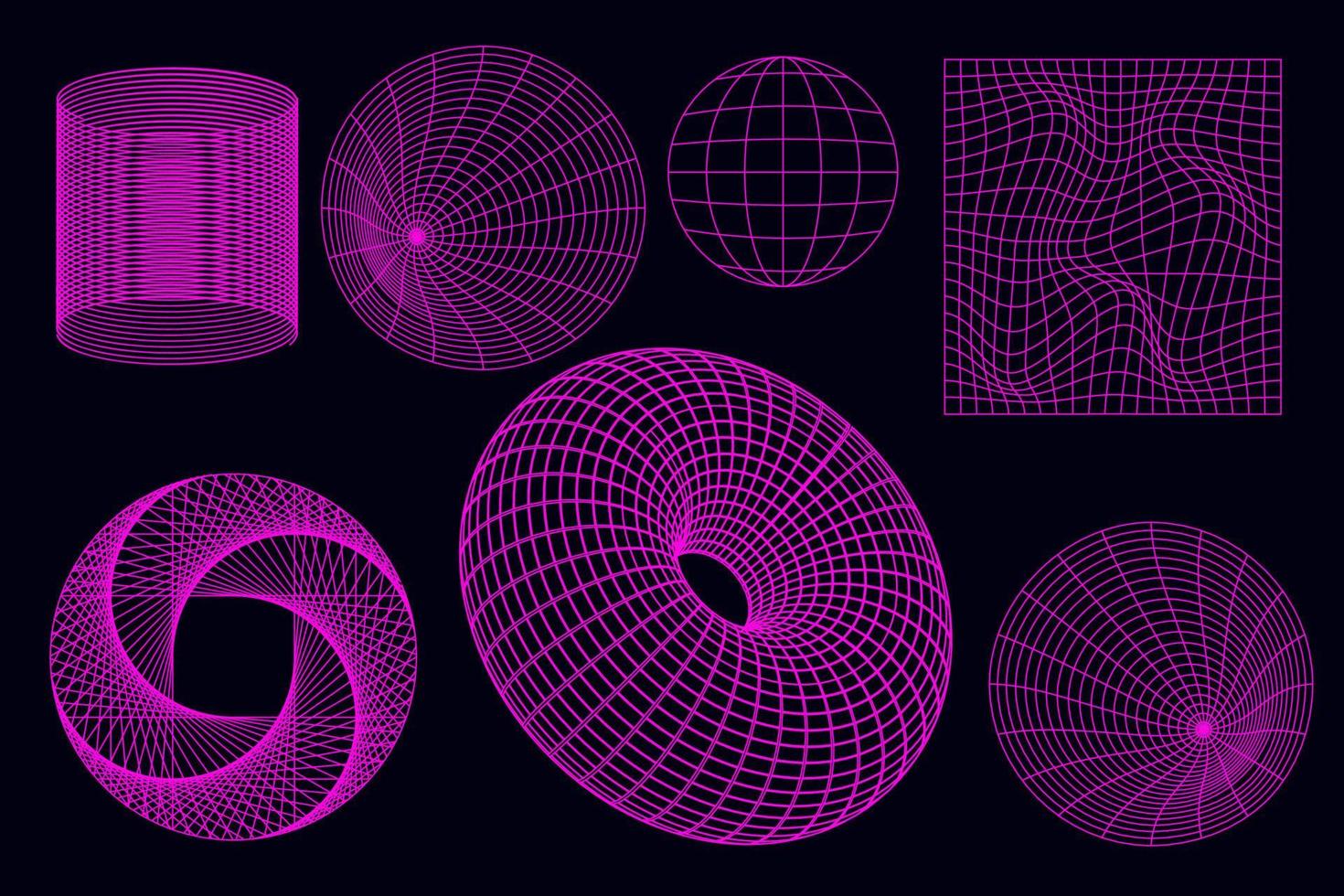 Geometric wireframe shapes and grids in neon pink. 3D abstract backgrounds, patterns, cyberpunk elements in trendy psychedelic style. Y2k . vector